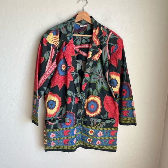 Vintage 90s Boho Hippie Colorful Floral Tropical Oversized Blazer Jacket - Picture 2 of 8
